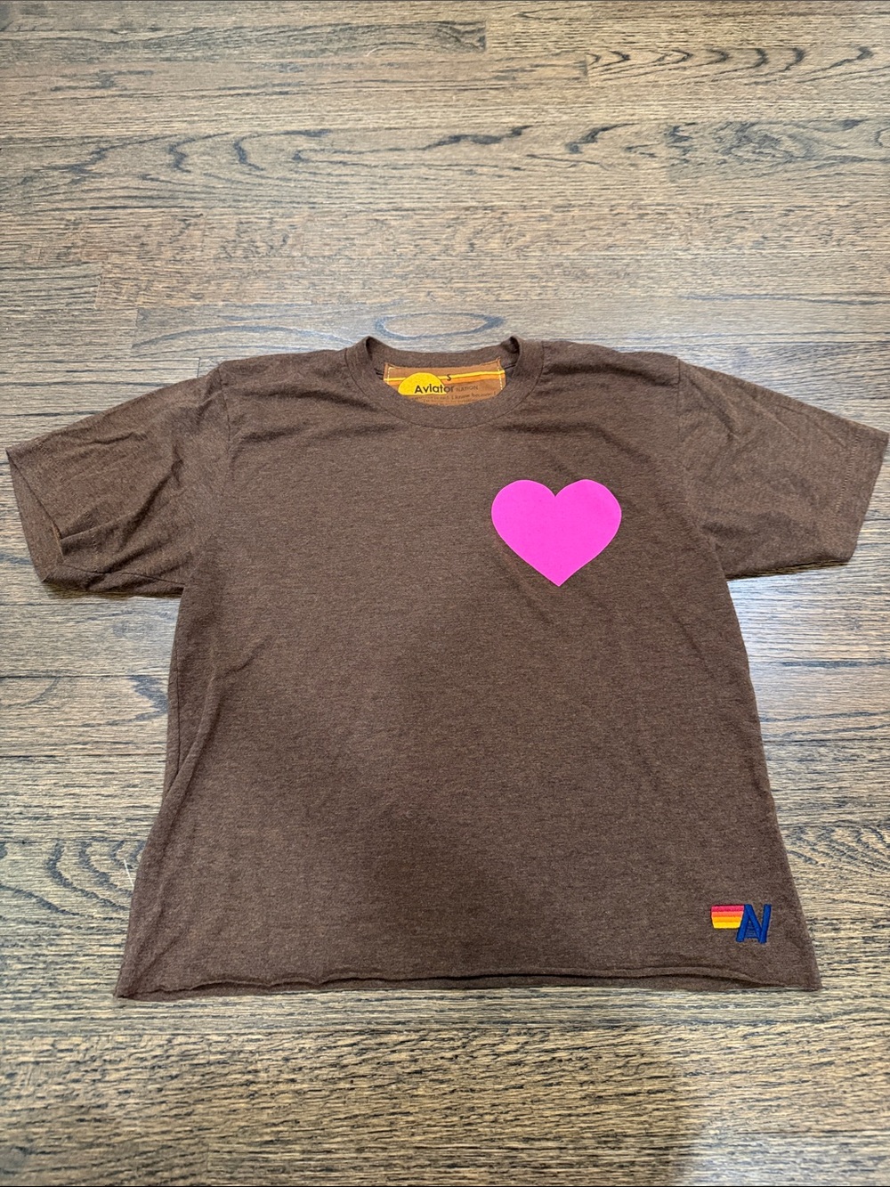 Aviator Nation Brown Tee with Hot Pink Heart Graphic